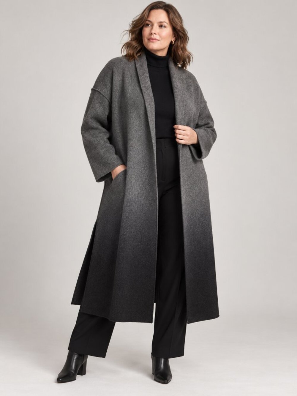 Eileen Fisher L/XL Ombre Boiled Wool Kimono Long Coat Gray Black